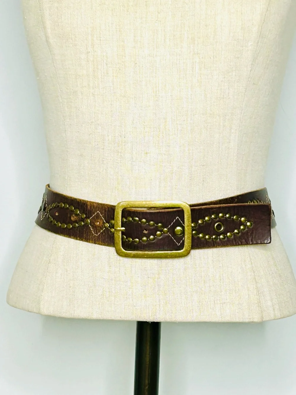 Western Brass Studded Belt, Brown Faux Leather with Studded Design